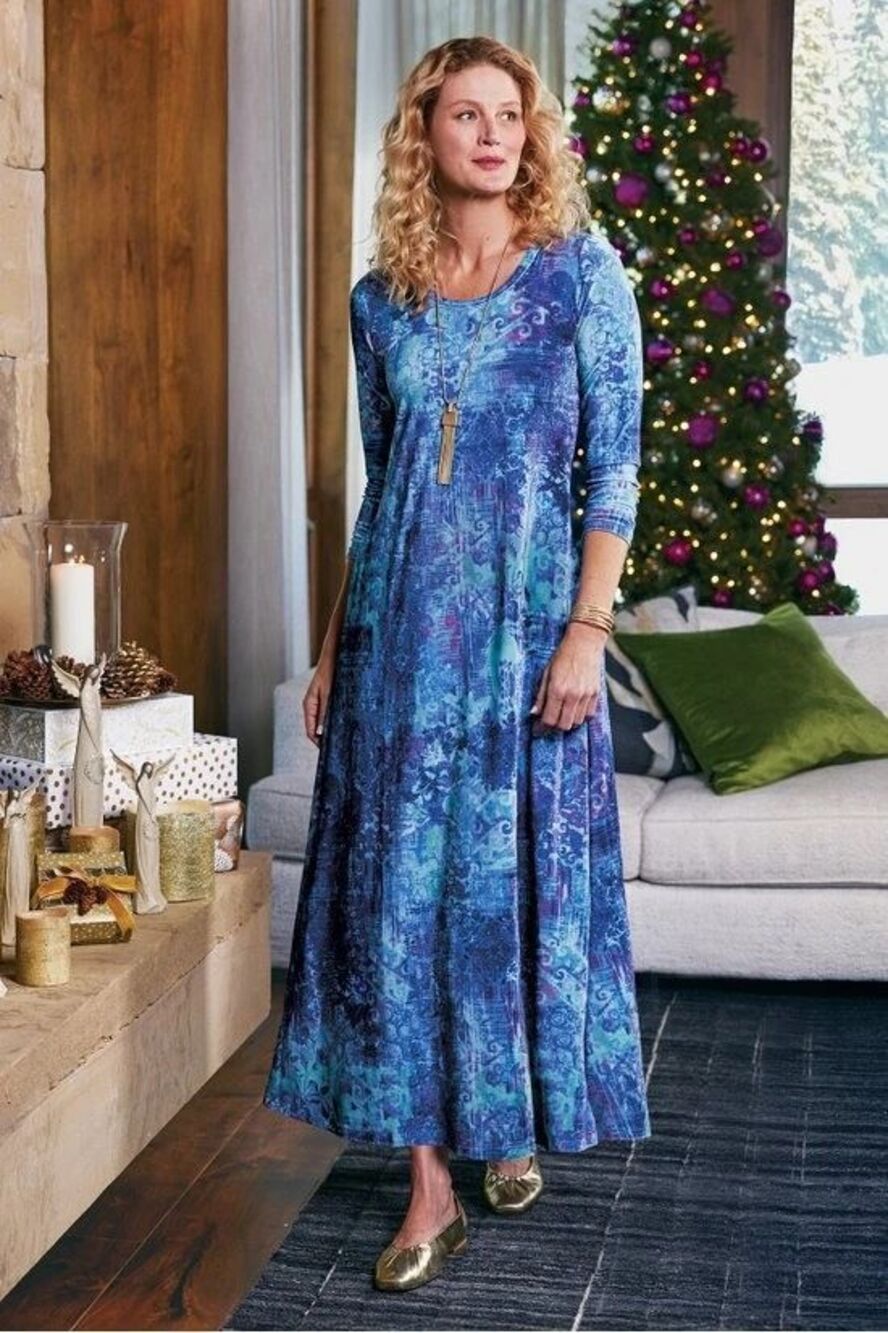 Soft Surroundings Women's Santiago Stretch Velvet Boho Maxi Dress Blue PS NWT